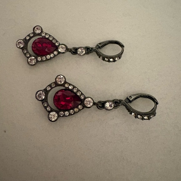 Givenchy Designer Costume Crystal Ruby Dangle Earrings in Blackened Metal - Picture 5 of 8